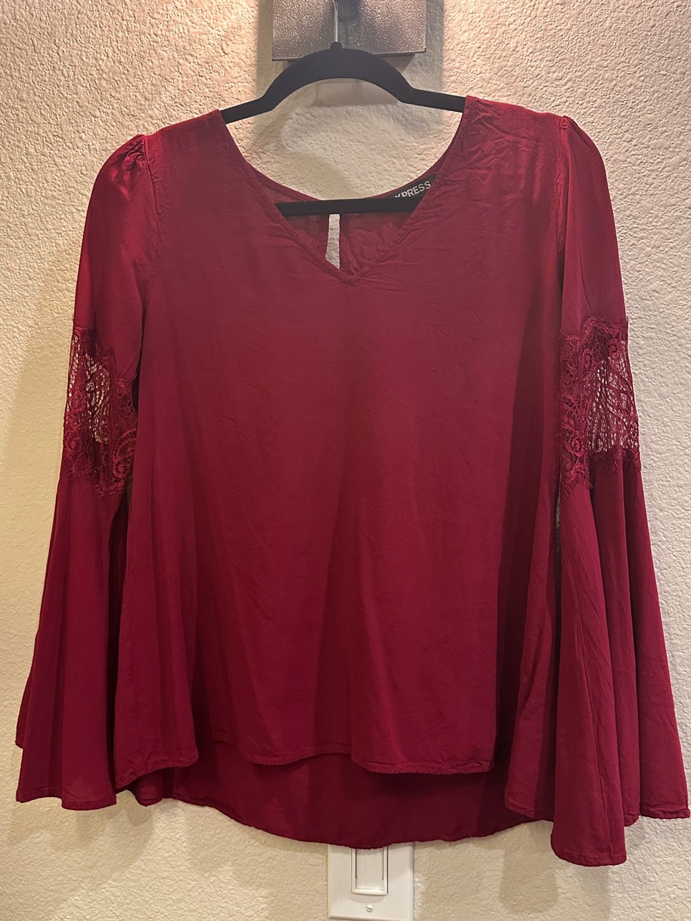 Express Women's Burgundy Wine Lace-Inset Bell Sleeve Blouse